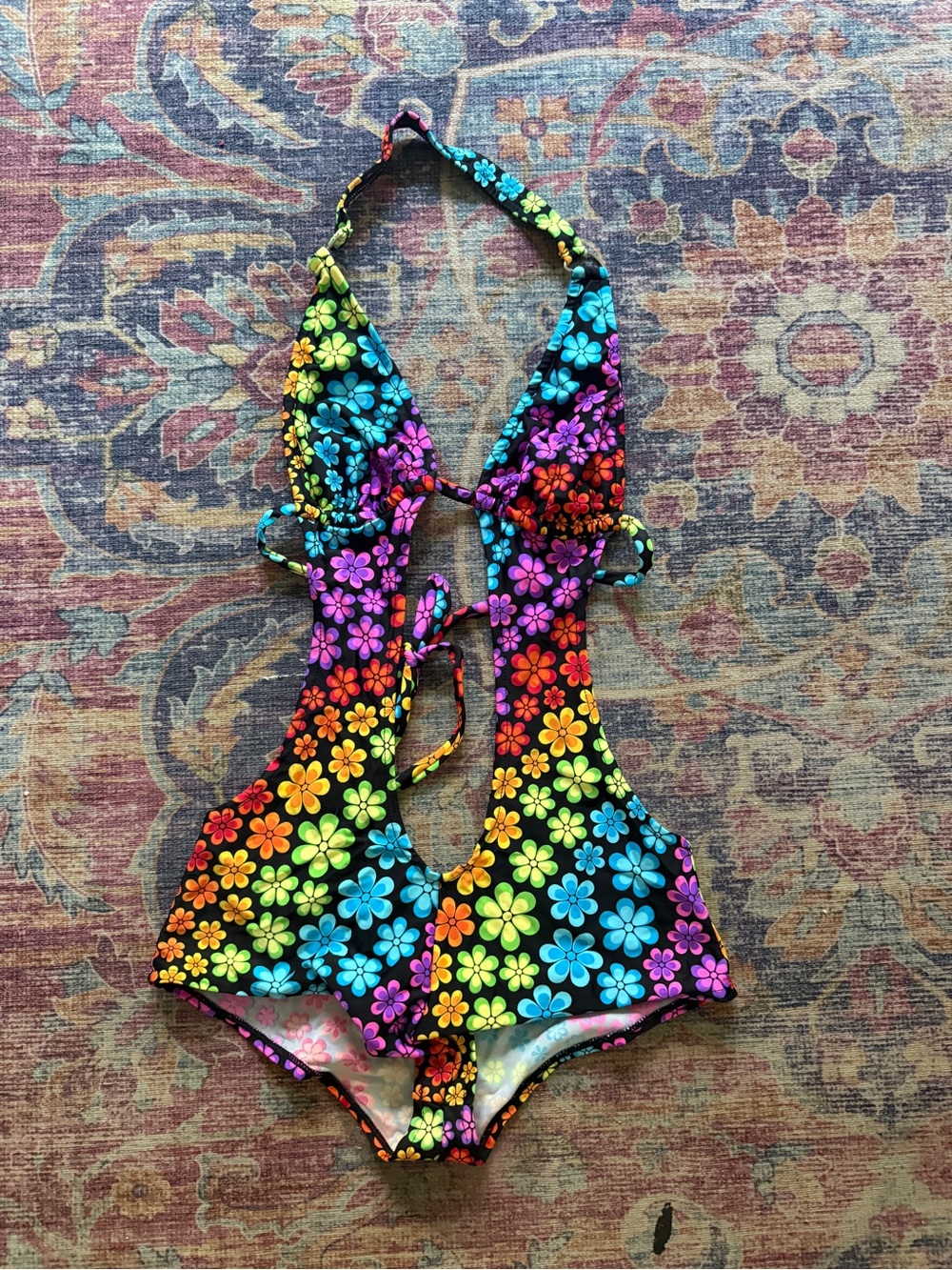 Women's Floral Rainbow Flower Rave Bodysuit - Multicolor Size M